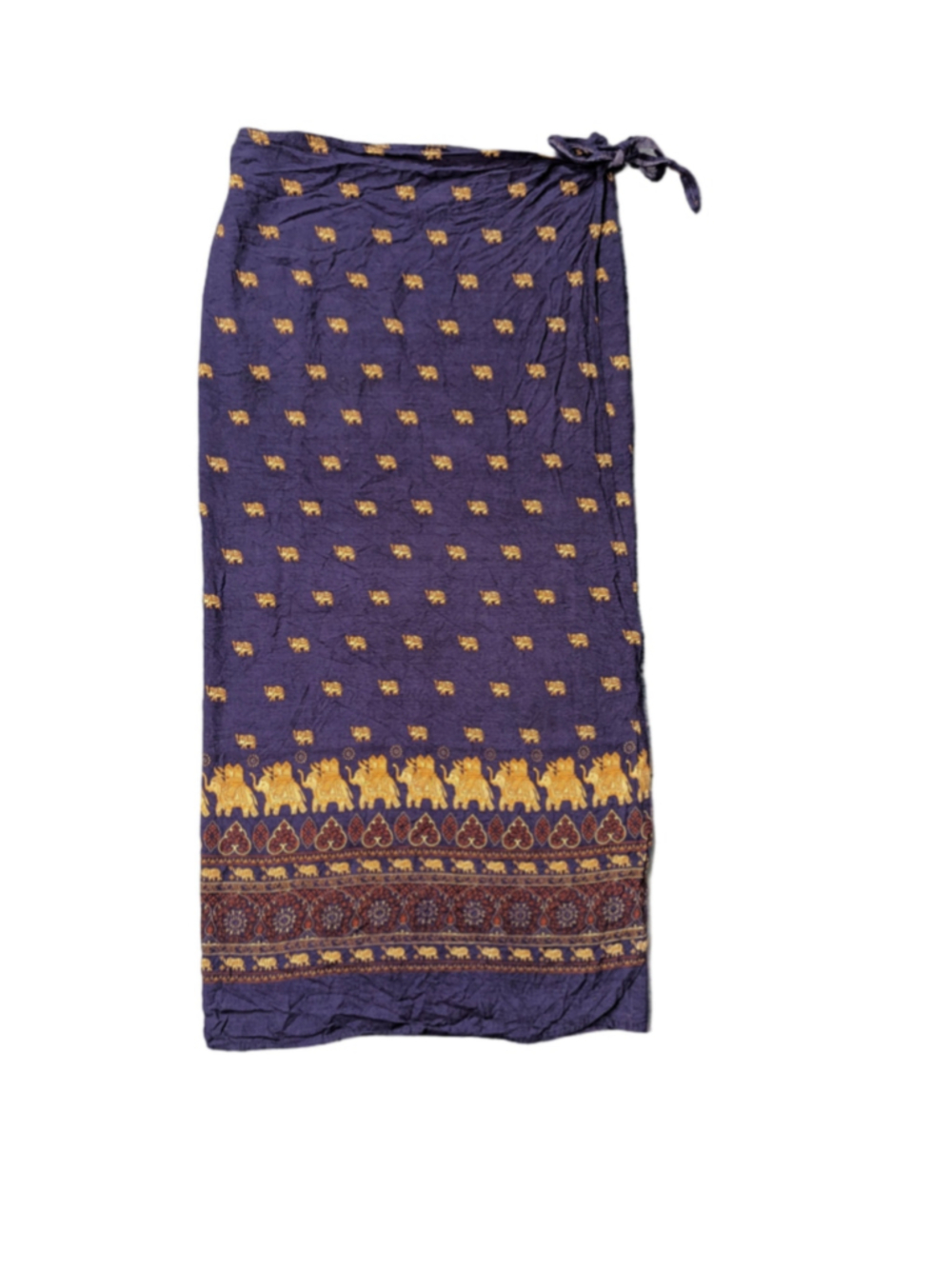 Vintage 90s Bohemian Elephant Print Maxi Wrap Skirt Navy Blue Gold Trim M/L